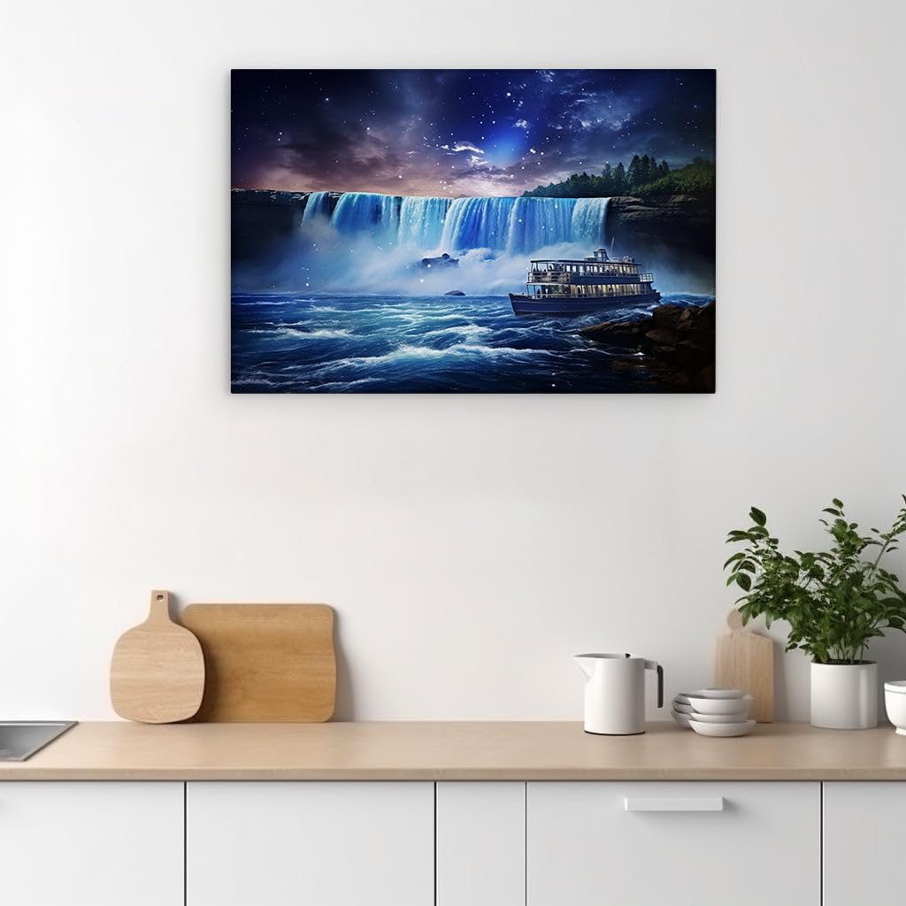 Canvas for Living room. Sailing into the Starlit Fantasy Voyage of the Great Waterfall, 27 x 18 inch Canvas Wall Art - Modern Home Decor - 69x46 cm (27x18 inch)
