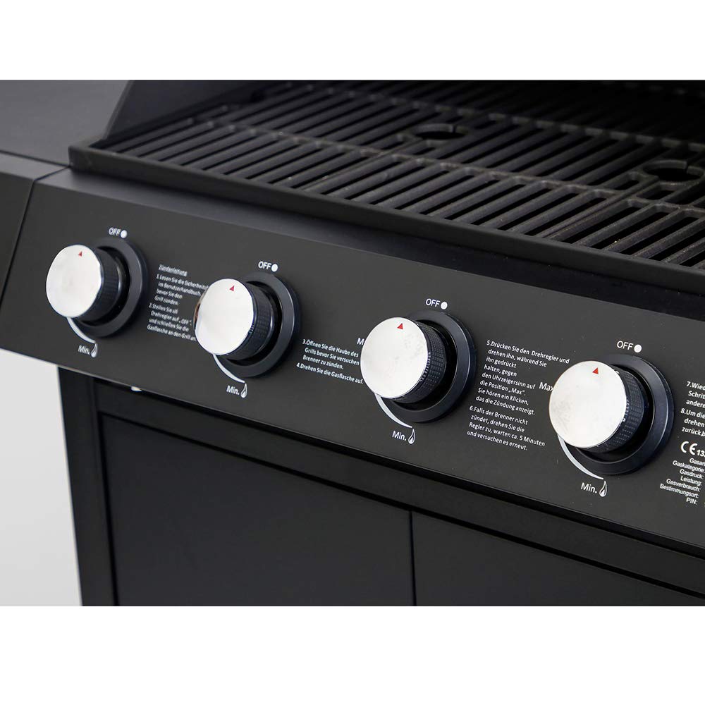 El Fuego® grill gazowy “San Angelo 4+1“ | 4 główne palniki + 1 boczny palnik | stal nierdzewna, w zestawie z wężem gazowym i reduktorem ciśnienia | grill na kółkach BBQ | AY 582