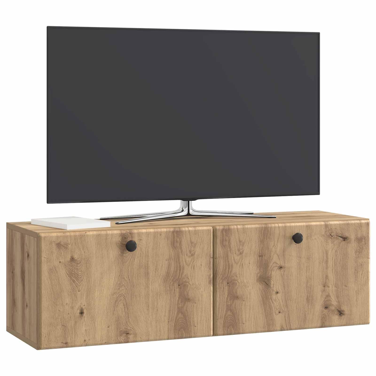 Szafka RTV montowana na ścianie Dąb artisan 98x31x30 cm wisząca szafka pod telewizor z drzwiami pojemna nowoczesna meblość do salonu przechowywanie sprzętu dekoracji oszczędza miejsce