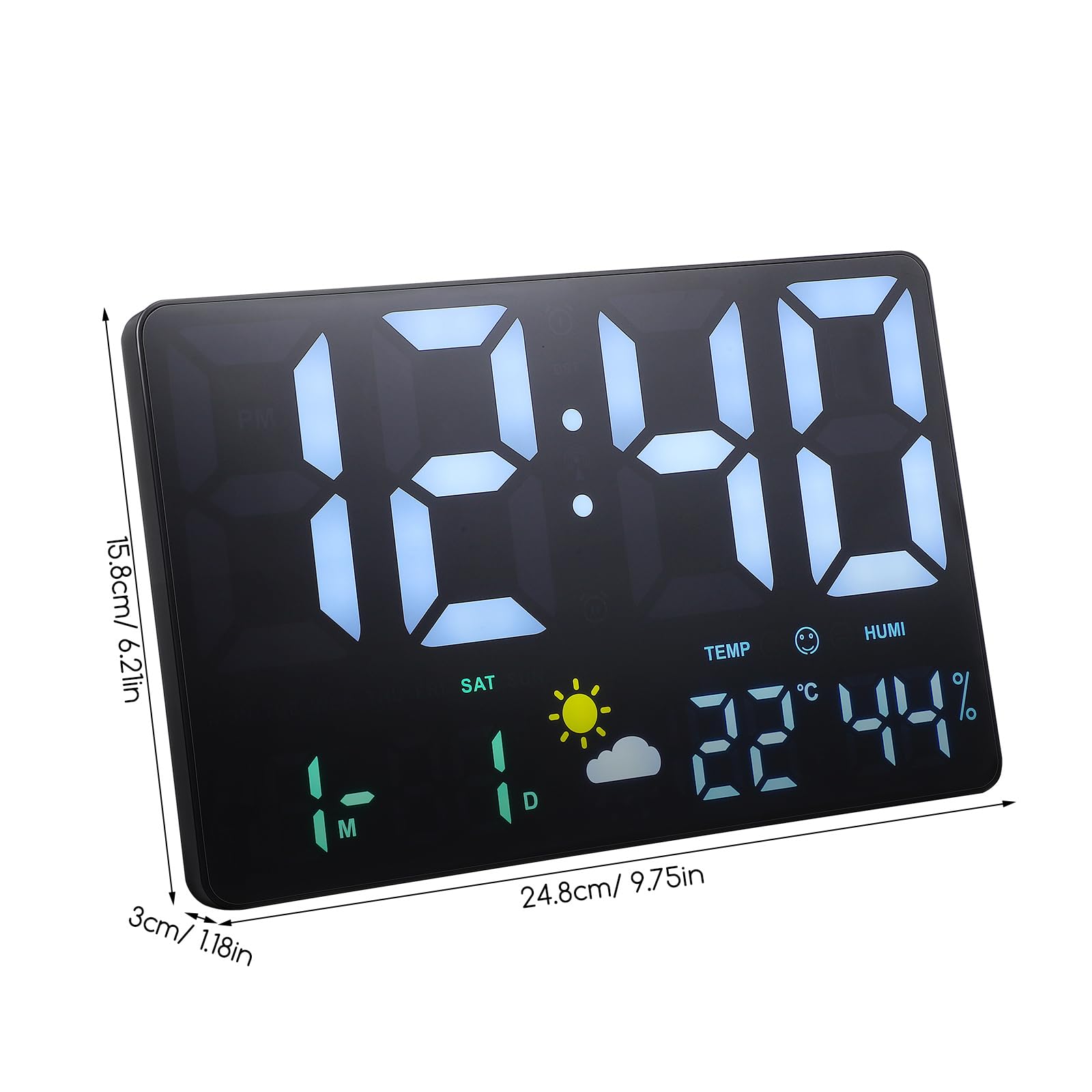 POPETPOP Digitale Wanduhr Groß mit LED Display Temperatur und Luftfeuchtigkeitsanzeige Luftdrucksensor Wettervorhersage Wecker und Kalender für Büro und Wohnzimmer