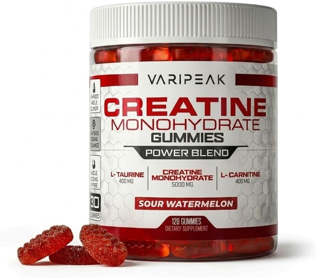 Creatine Monohydrate Gummies | Power Blend Complex | Optimized with L-Carnitine and L-Taurine | for Muscle Support, Recovery, Strength, and Energy | for Men and Women | 120 Count (Sour Watermelon)