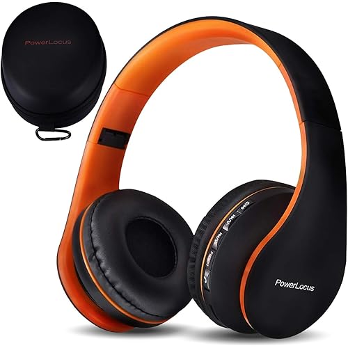 PowerLocus Wireless Bluetooth Over-Ear Stereo Foldable Headphones, Wired Headsets Rechargeable with Built-in Microphone for iPhone, Samsung, LG, iPad (Orange)