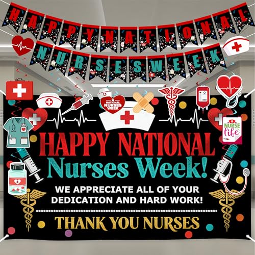Happy National Nurses Week Banner Happy National Nurses Week Backdrop and Hanging Swirl Set 2026 Nurses Week Nurse Day Decorations Banner for Doctor Medical Themed Party Nurse Appreciation RN Graduation Party Decorations