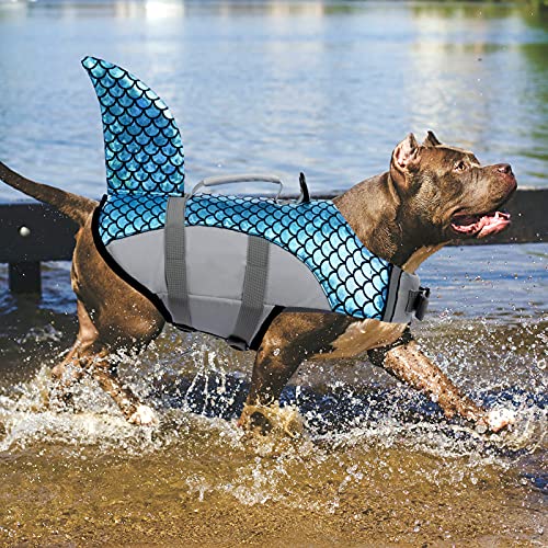 Mazort Dog Life Jacket, Pet Floatation Vest Reflective Swimsuit Shark Ripstop Lifesaver With Durable Rescue Handle For Small, Medium, Large Dogs (Blue, Large) #TOP7
