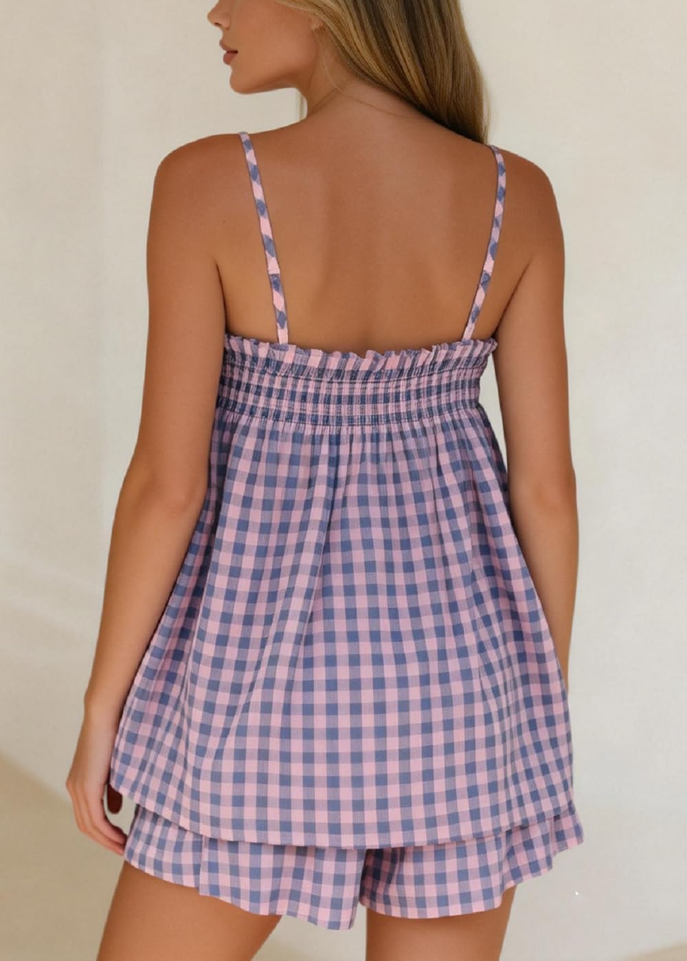 Juakoso Women Gingham 2 Piece Set Plaid Sleeveless Babydoll Cami Top Wide Leg Shorts Pajama Set Y2k Summer Lounge Set image 3