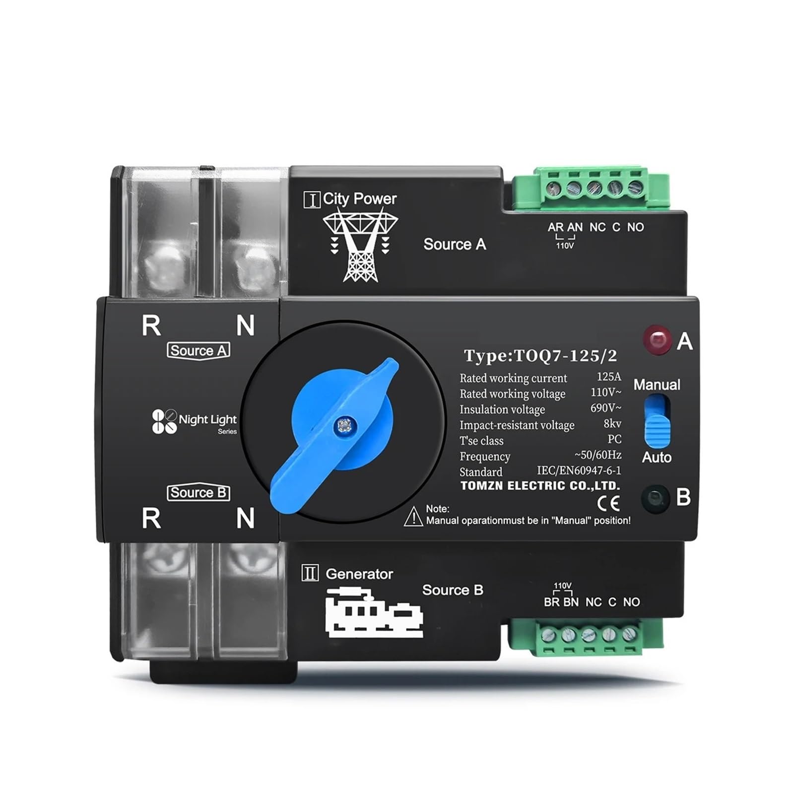 1pc Din Rail ATS L N 110V-120V 63A Dual Power Automatic Transfer Electrical Selector Switch Uninterrupted 2P