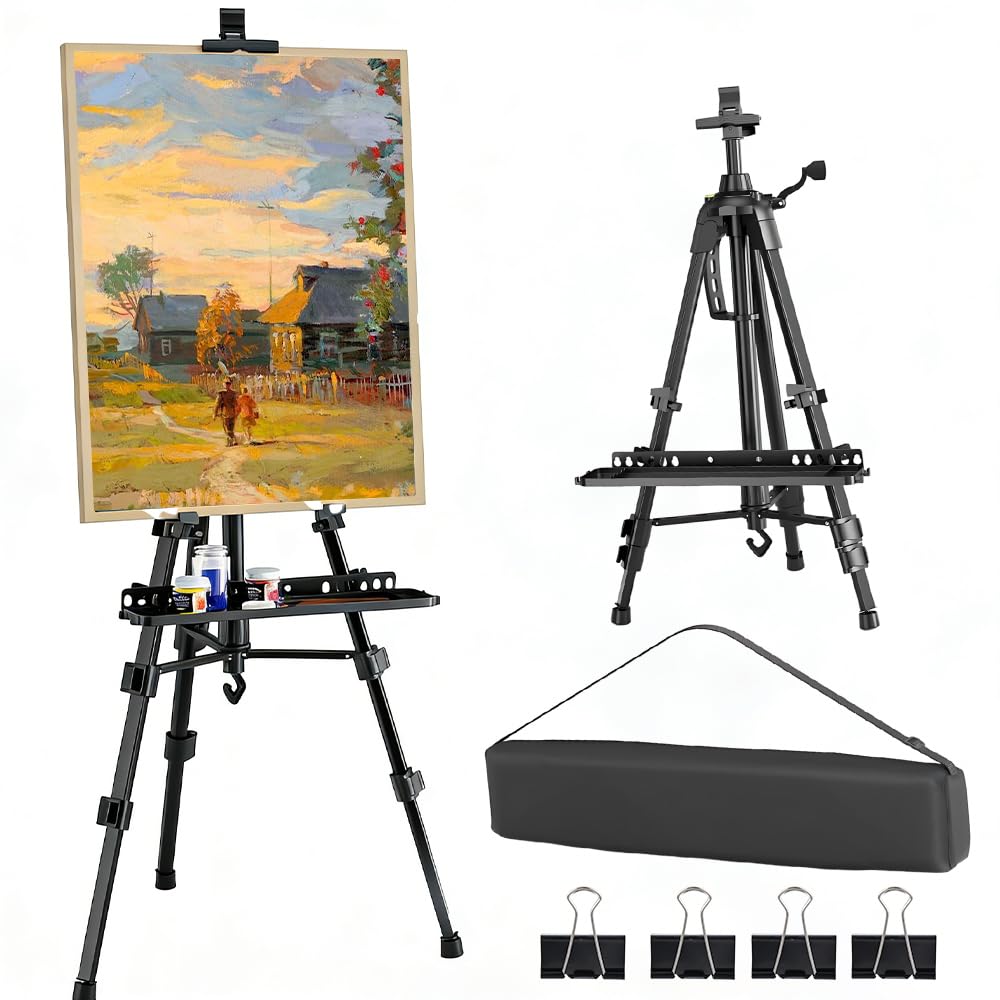 Cavalletto per pittura, cavalletto pieghevole per adulti e bambini, regolabile da 50 a 160 cm, cavalletto in alluminio con vassoio, ganci a secchio, gamba pieghevole e borsa per il trasporto