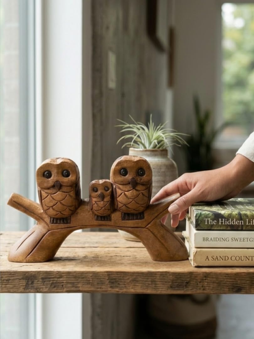 Kinaree Familia de búhos de madera en AST – tallado a mano, aprox. 36 cm de ancho, búhos decorativos de una sola pieza, regalo para la familia