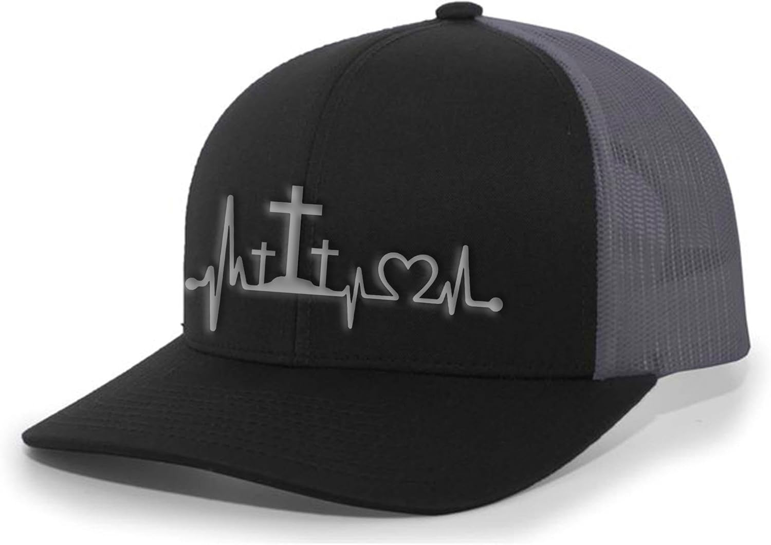 Mens Christian Hat Heartbeat Cross Embroidered Mesh Back Trucker Hat