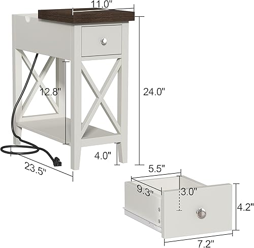Miniatura 2 de ChooChoo Mesa auxiliar de granja con estación de carga, mesita de noche pequeña para sala de estar, dormitorio y espacios pequeños, color blanco