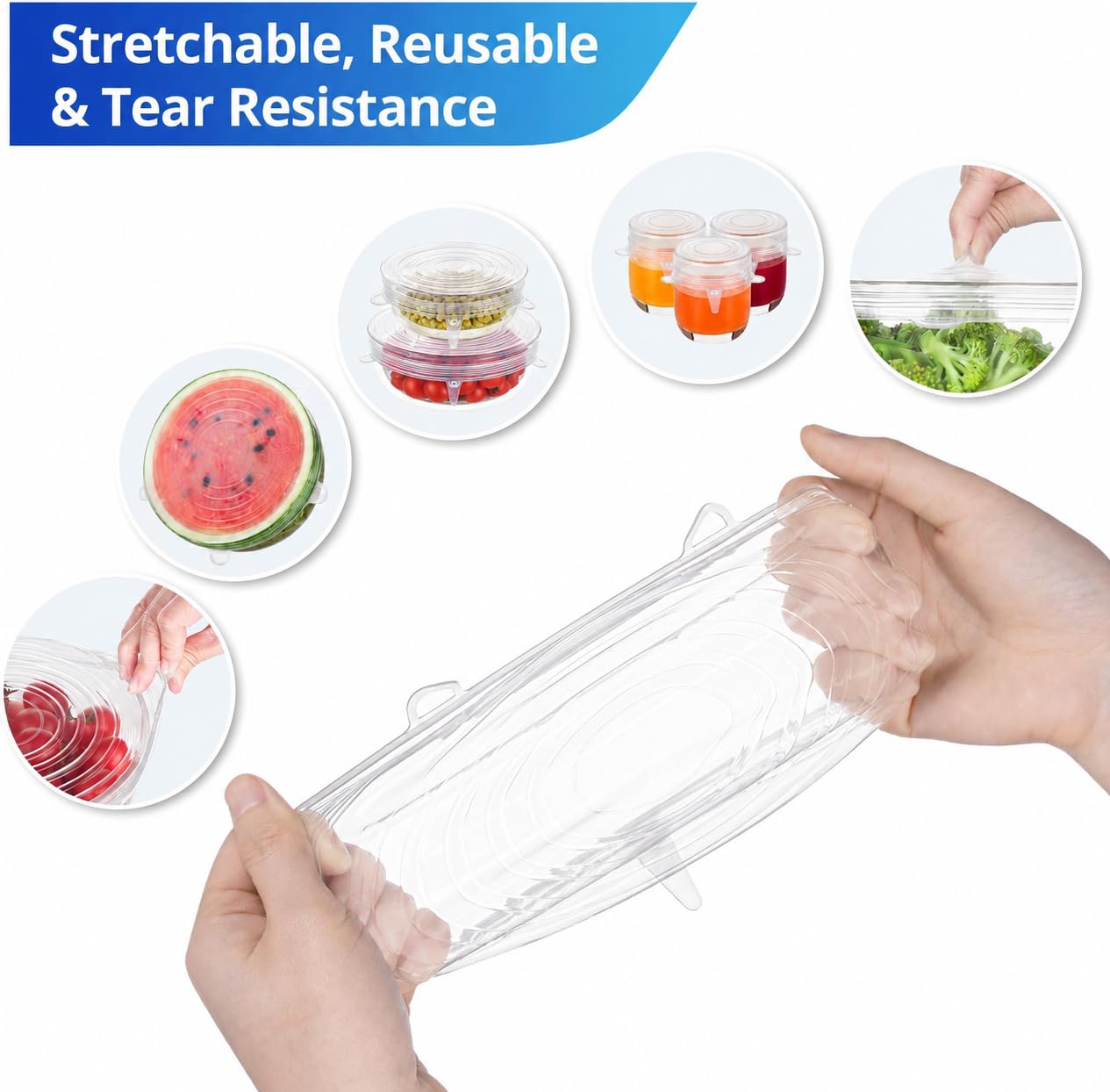 Silicone Stretch Lids, Zero Waste Reusable Silicon Container Lid for Cover Leftover Food and Fruit or Bowl (6 pcs, Clear) 1