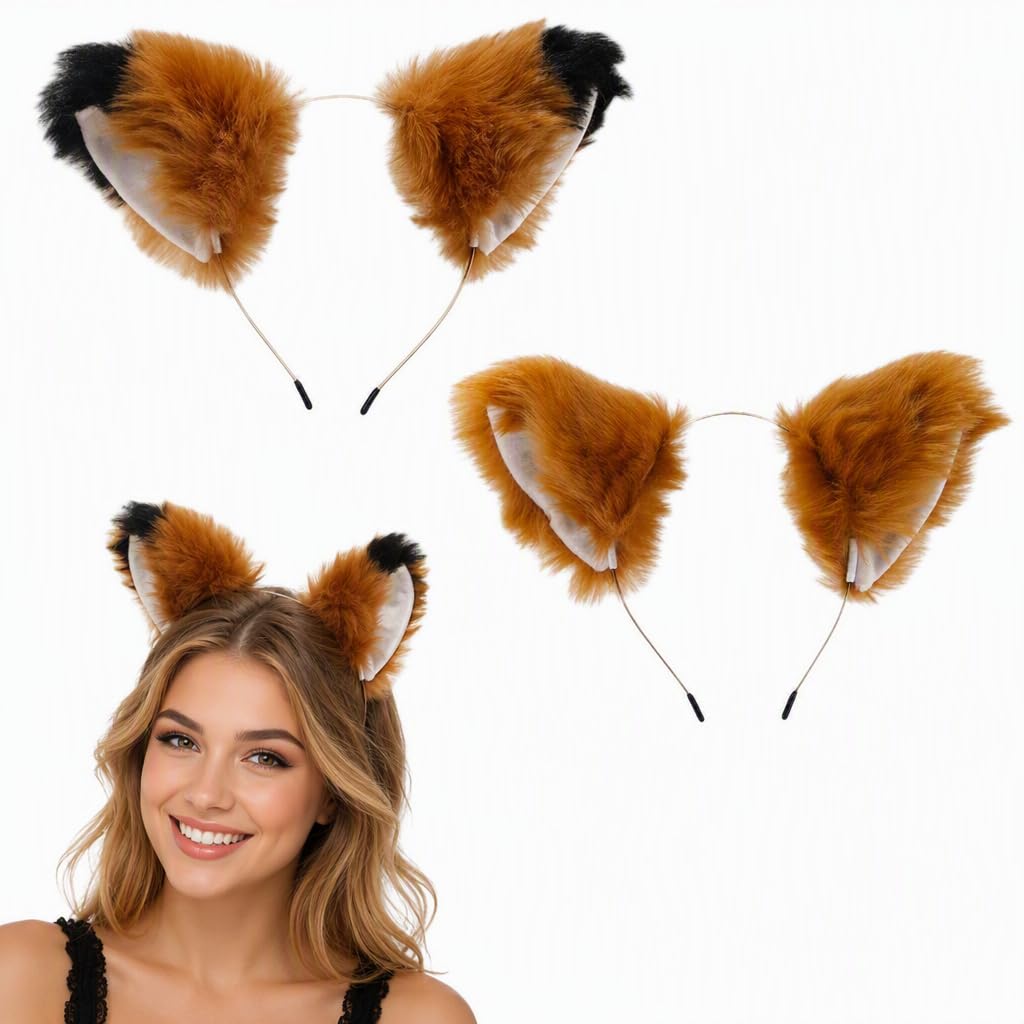 2 Pcs Fluffy Fox Ears Headband, Plush Faux Fur Animal Costume Accessory