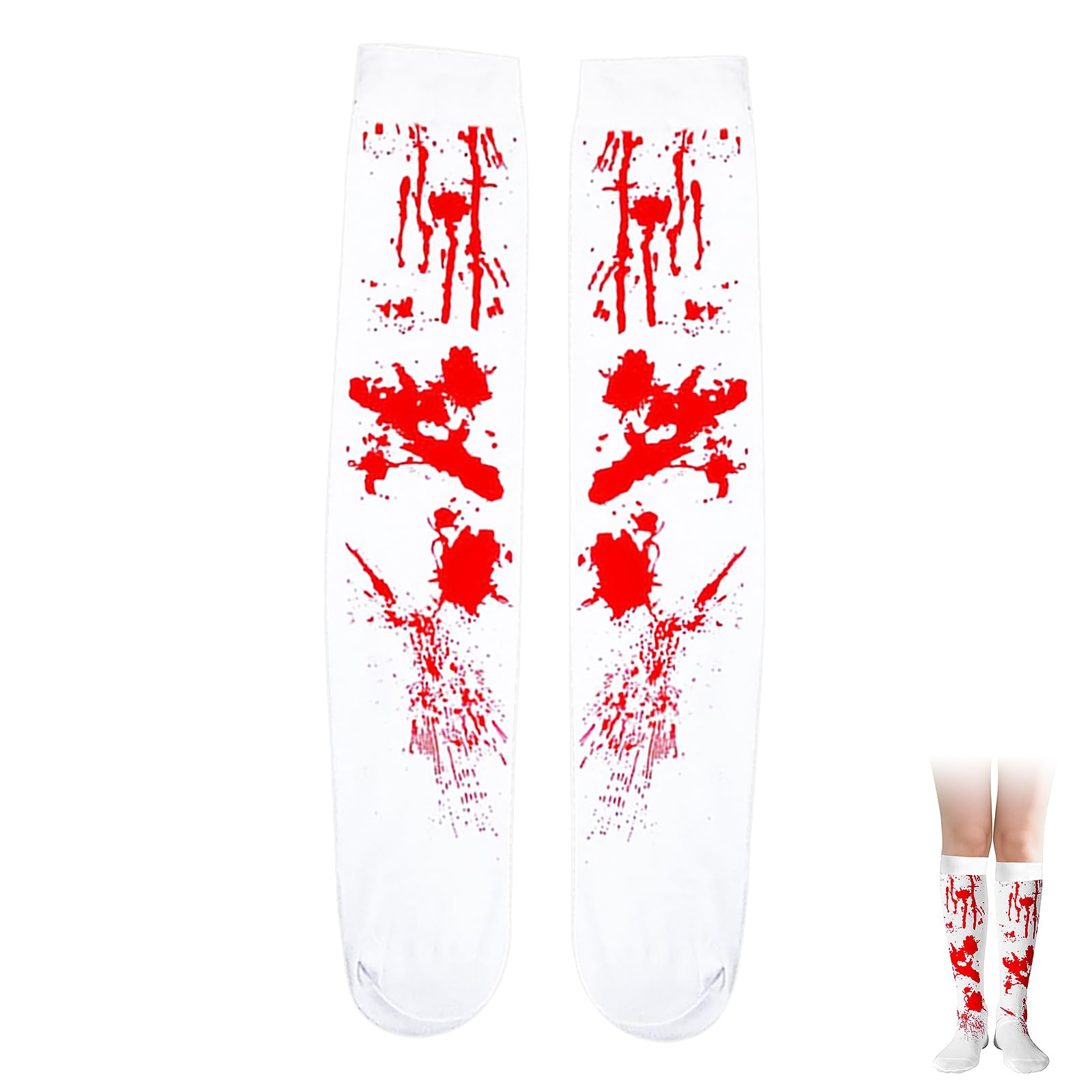CWWYQ 2 Pcs Bloody Socks, Halloween Stockings for Women, Scary Bloody Sock Halloween Over Knee White Tights, Zombie Festival Props for Girls Women Adult Ladies Long Blood Stained Socks