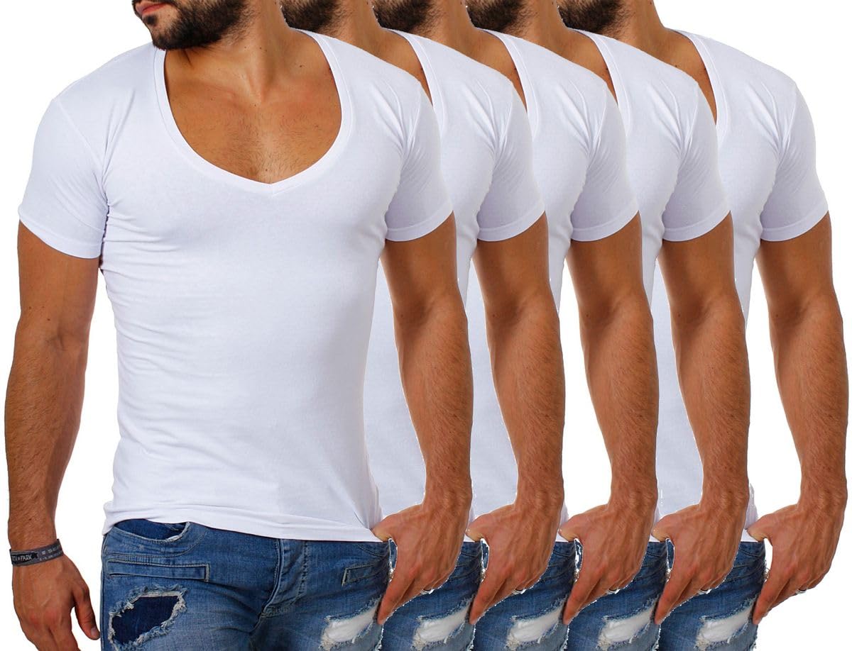 Young & Rich Herren Uni T-Shirt Basic mit extra tiefem V-Ausschnitt Slimfit deep V-Neck Stretch dehnbar 1315