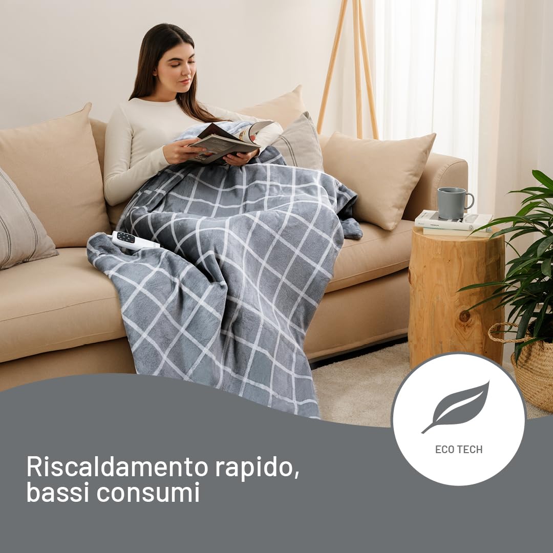 Imetec CaldoPlaid Riscaldabile Velvet Square | Morbida Coperta Elettrica per Divano o Letto, 150x95 cm, 6 Temperature, Rapido Riscaldamento, Lavabile in Lavatrice, Timer Spegnimento, Bassi Consumi