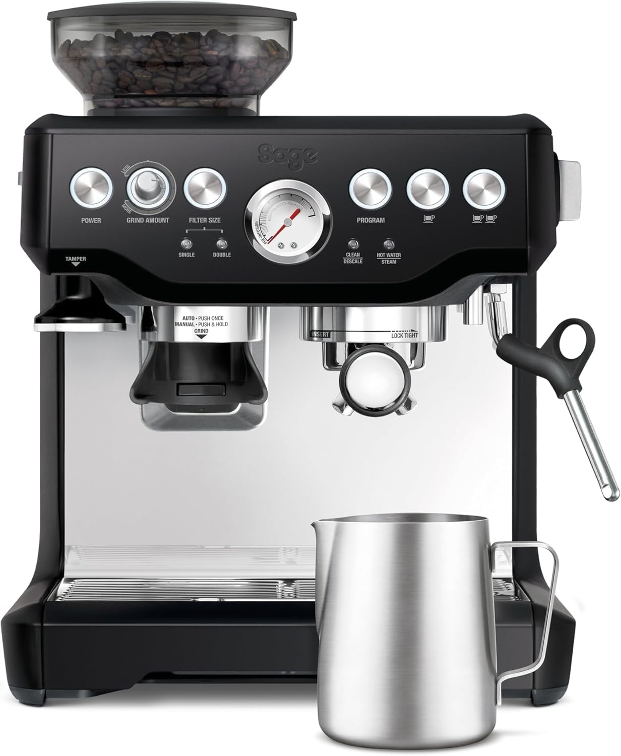 Sage - The Barista Express - Ekspres do kawy z ręcznym spieniaczem mleka - Automatyczne mielenie, indywidualna pianka mleczna - Czarny sezam, dzbanek na mleko | Stożkowe młynki 16 ustawień, filtr 54 mm dawka 18 g, woda 93°C; wstępne zaparzenie 9 bar i fil