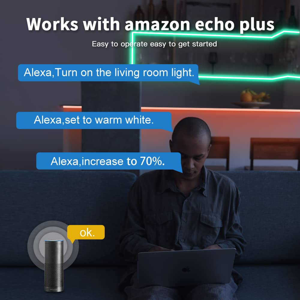 An image depicting a person interacting with an Amazon Echo device, with speech bubbles showing voice commands like 'Alexa, Turn on the living room light,' 'Alexa, set to warm white,' and 'Alexa, increase to 70%.'