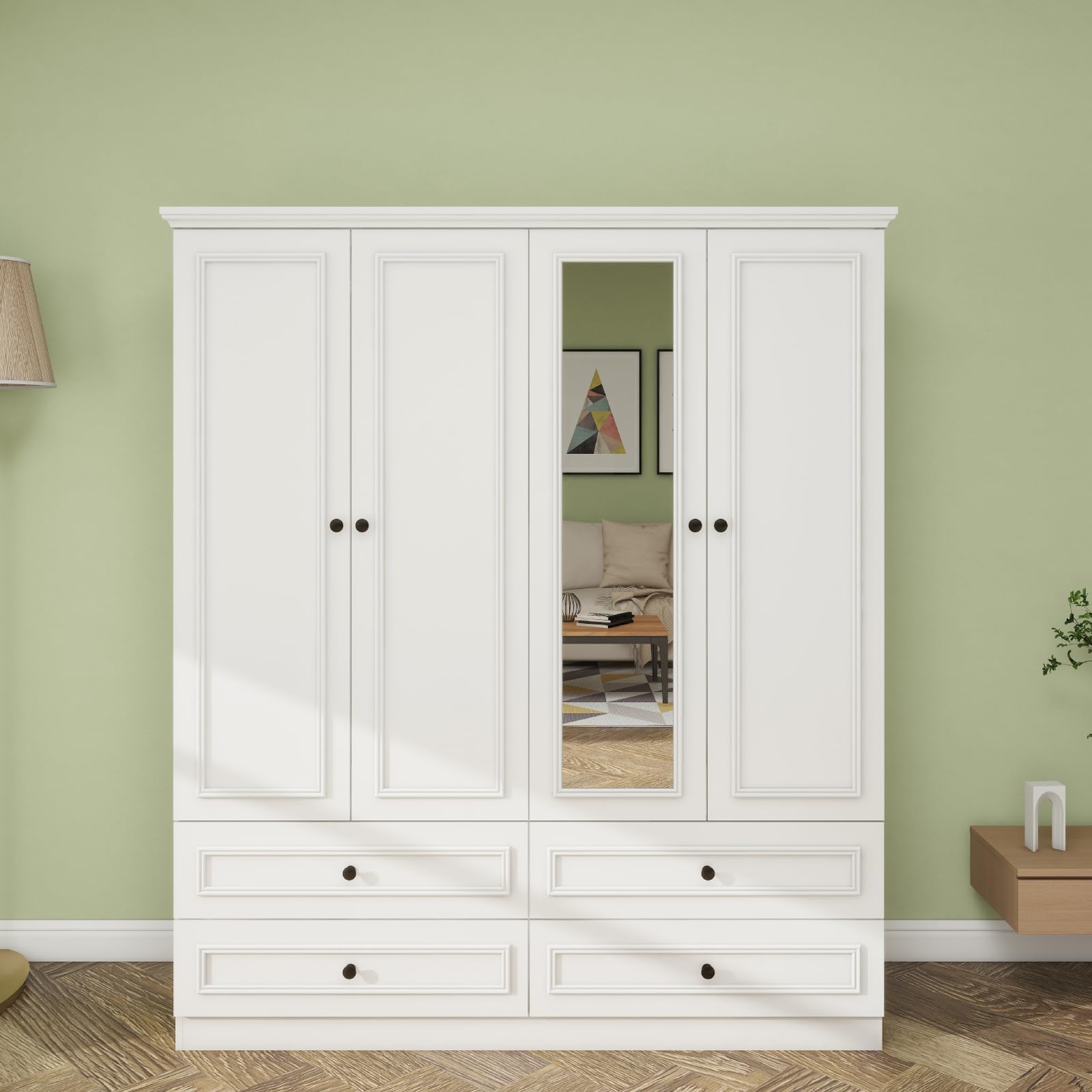 Incomplete Tall Wooden Armoire Wardrobe Closet with 4 Doors 2 Hanging Rods 4 Drawers Mirror Shelves Large Capacity Storage Cabinet Organizer for Bedroom White