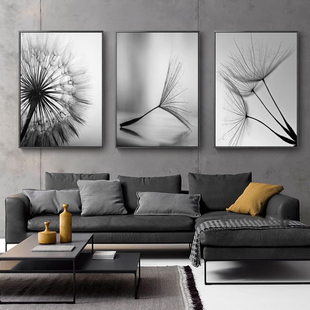 FSLEOVN 3 Pezzi Moderno Quadro su Tela Stampa su Tela Fiori di Dente di Leone Poster Nero Bianco Fiori di Dente di Leone Tela Estetica Poster Senza Cornice (50x70cm)