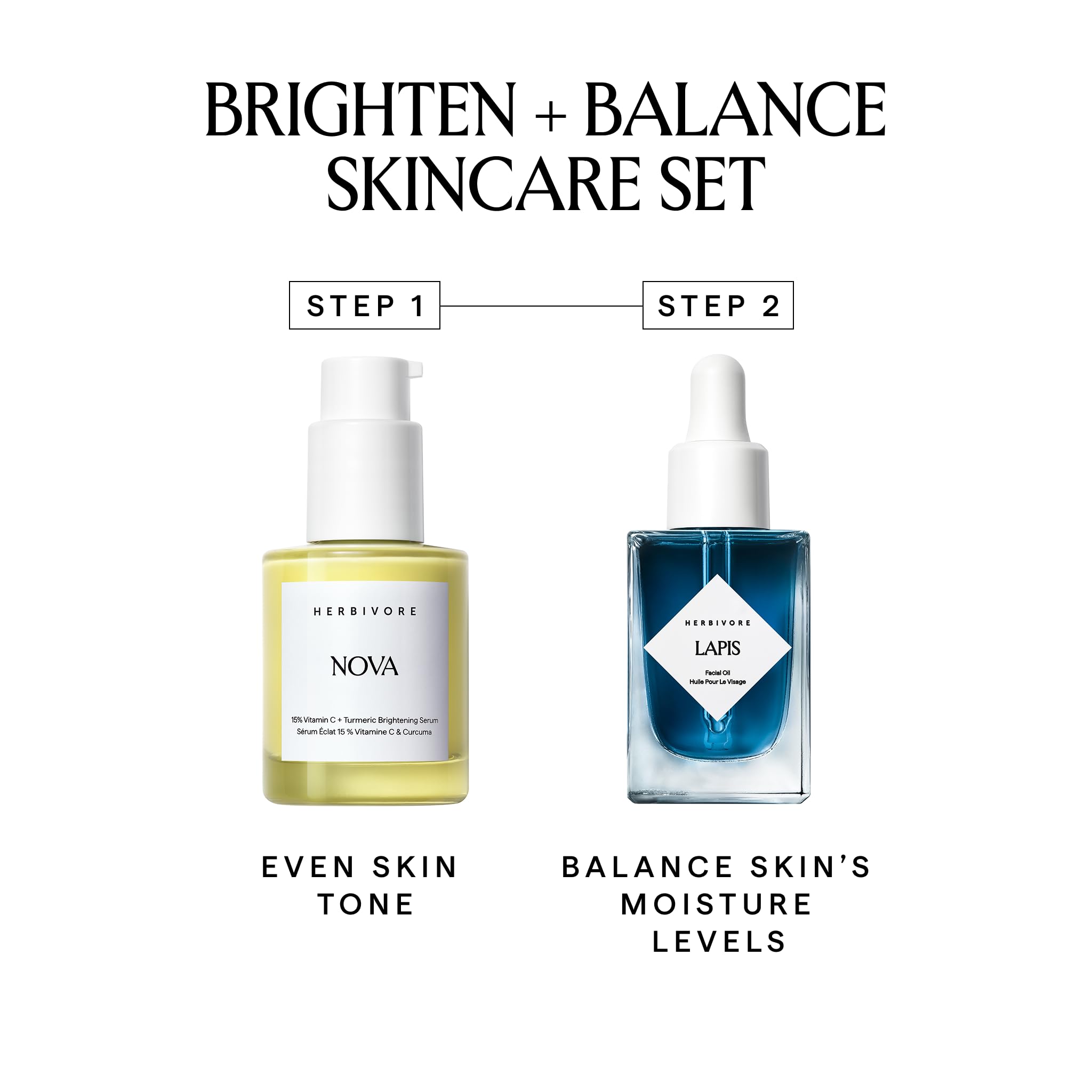 HERBIVORE Brighten + Balance Skincare Set | Nova 15% Vitamin C Brightening Serum + Lapis Blue Tansy Skin Balancing Face Oil