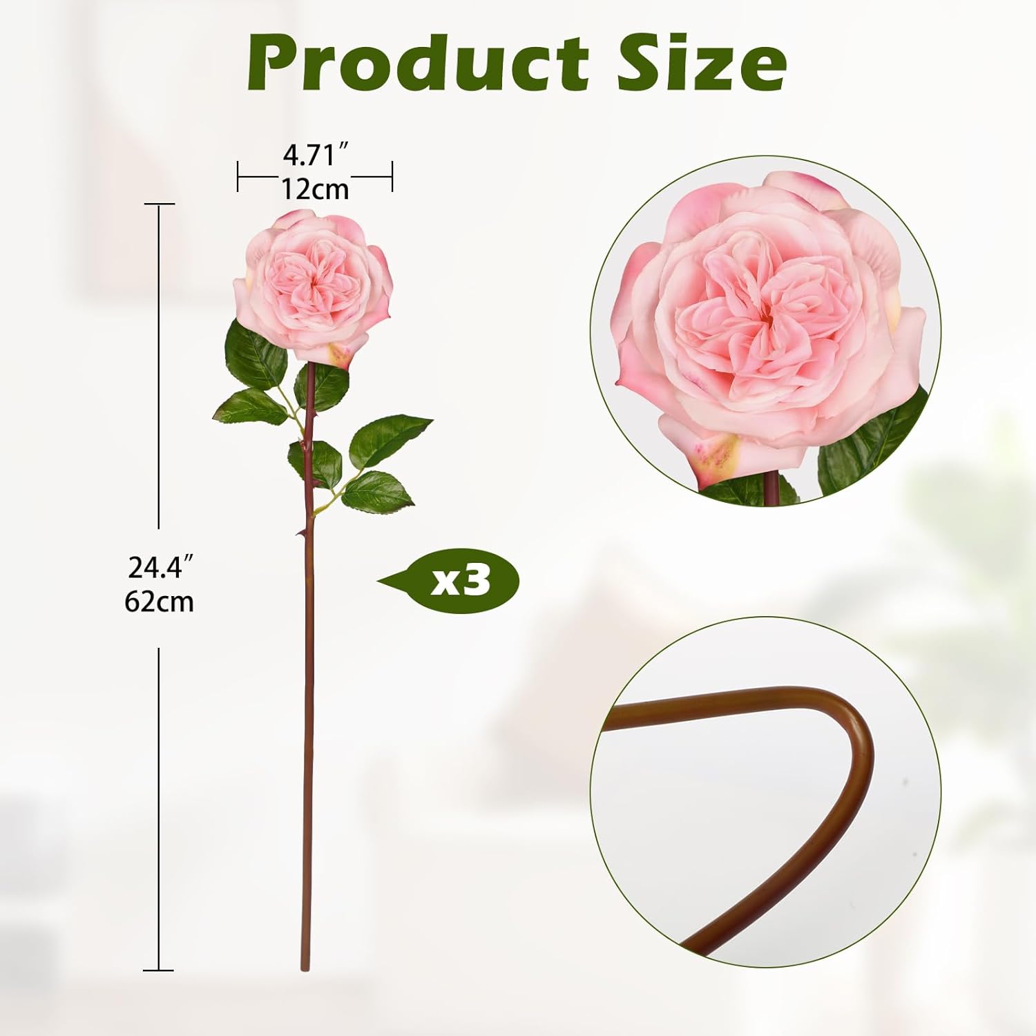 Artificial Roses - Set of 3 Long-Stem Real Touch Silk Roses, 24.4" Faux Flowers for Home Decor, Wedding Bouquets, Centerpieces & Floral Arrangements – Lifelike Pink Fake Roses - Image 2