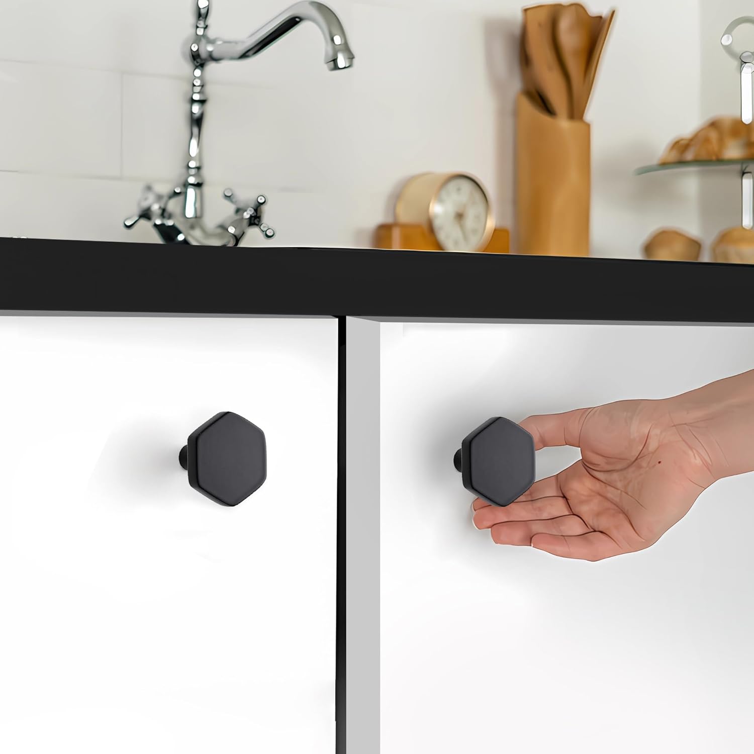 10 Pack Black Cabinet Knobs, Kitchen Cabinet Knobs Solid Closet Pulls for Kitchen Drawers, Hexagon Dresser Pulls for Closet Hardware 1.1"
