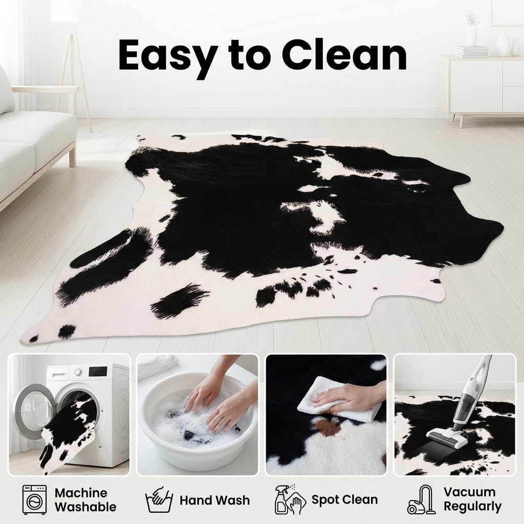 Cow Print Area Rug, Faux Cowhide Rug, Modern Farmhouse Western Living Room Bedroom Carpet Decor, Non-Slip 4'7" x 5'3"（140x160cm）