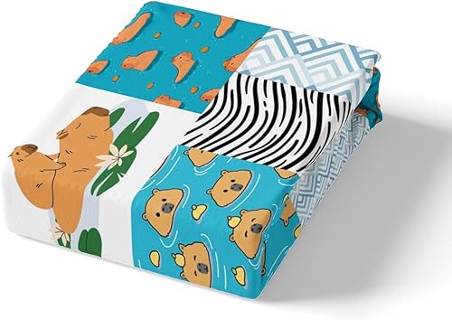 Miniatura 5 de Juego de funda de edredón Kawaii Capybara de dibujos animados de animales de dibujos animados, funda de edredón a cuadros azules, tamaño Queen,