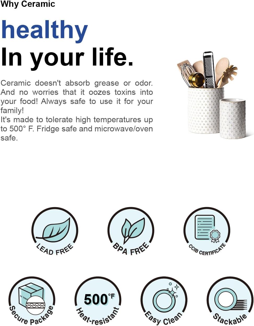 LE TAUCI Utensil Holder for Kitchen Counter - 7.1"+5.4" Ceramic Kitchen Utensil Holder Set of 2, Large Cooking Utensil Crock & Organizer for Spatula, Spoon - Embossed Kitchen Decor, White,Clover