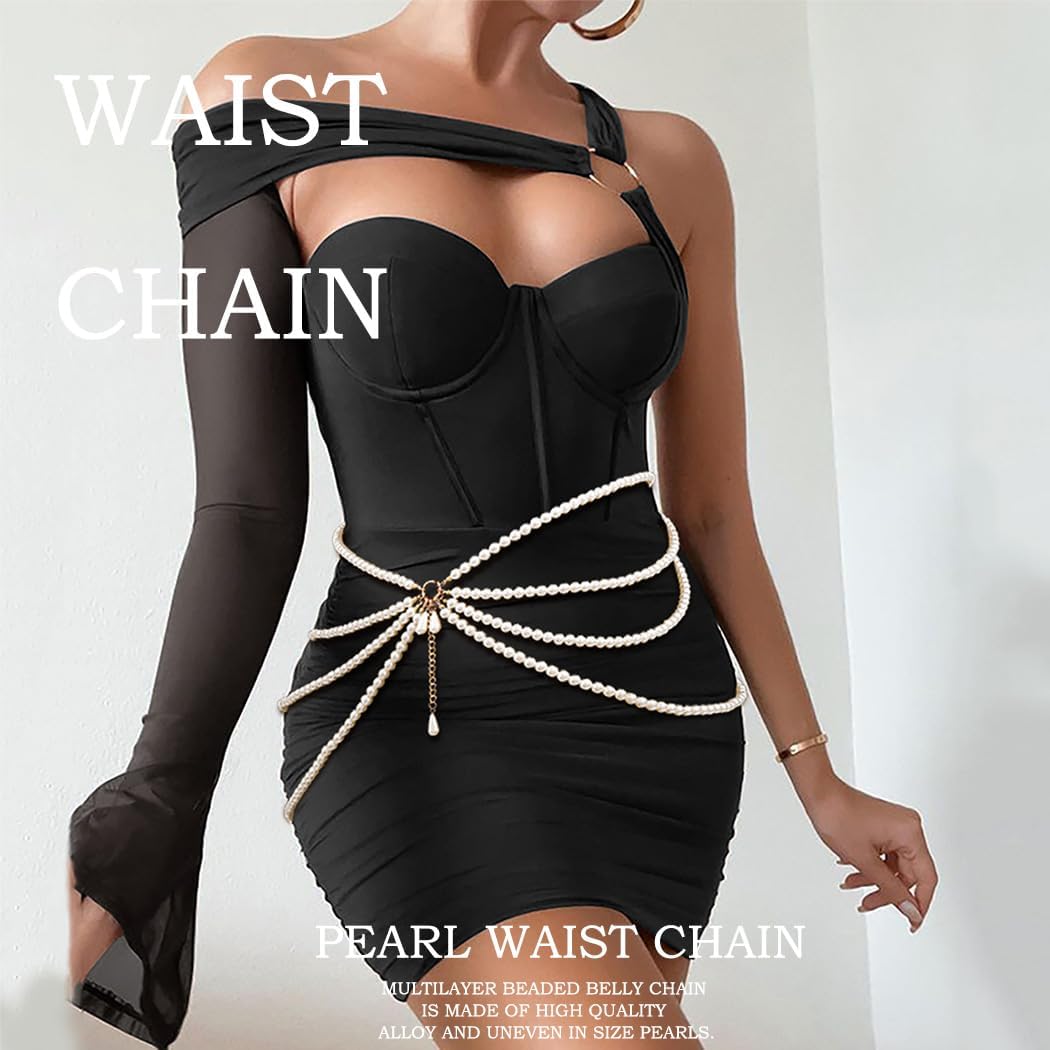 Abien Pearl Waist Chain Layered Pearls Body Chain Pearl Belly Chain Bikini Body Jewelry for Women for Dresses - Image 2