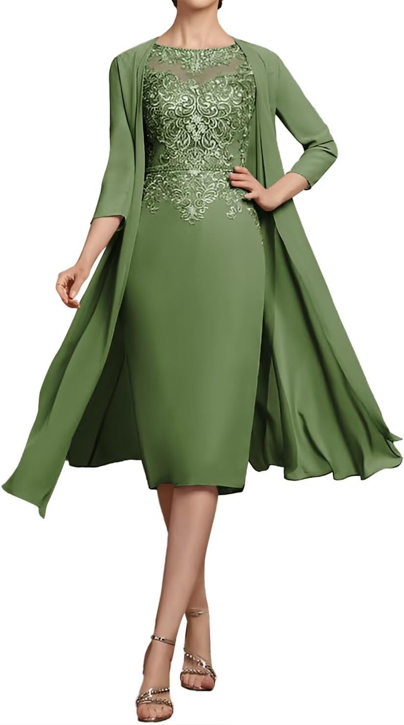 Two Piece Mother of the Bride Dress Tea Length Chiffon 3/4 Sleeves Lace Formal Wedding Guest Gown with Jacket
