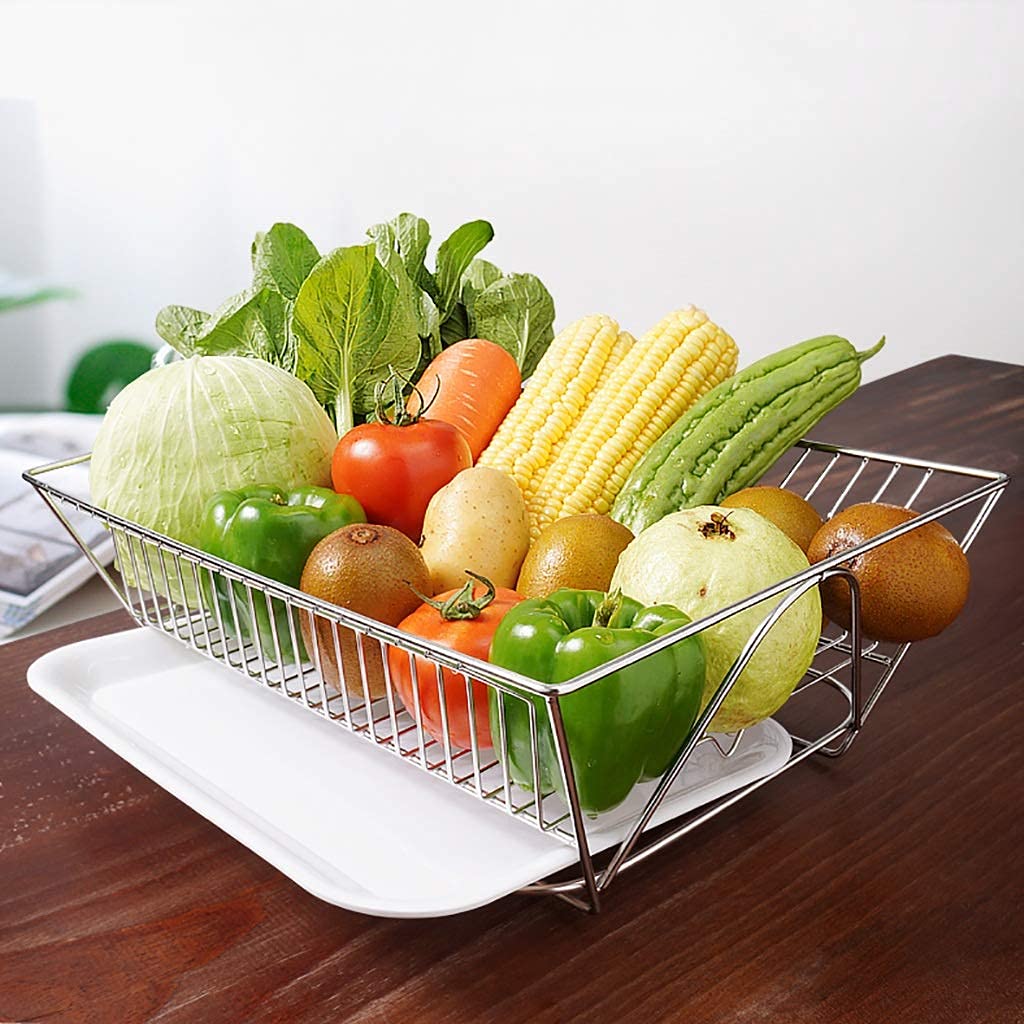Vajilla Rejilla de Drenaje Encimera de Cocina Estante para Platos Estante Cesta de Drenaje de Frutas y Verduras Cesta de Almacenamiento de Agua de Lavado de Verduras de Acero Inoxidable