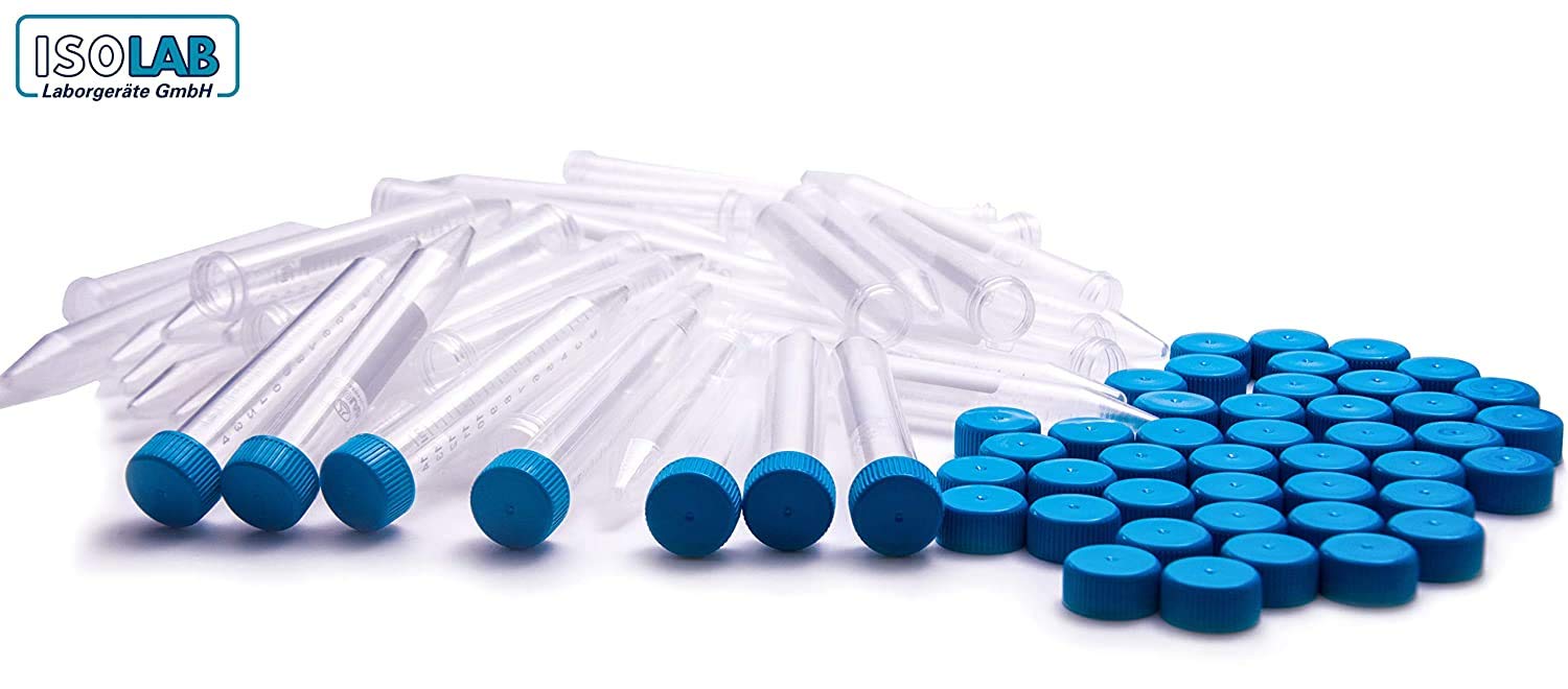 ISOLAB USA – Tubes de centrifugeuse en plastique, 15 ml, fond conique – Bouchons à vis bleus, marques graduées, non stériles, lot de 50 (50, 15 ml – 50 pièces)