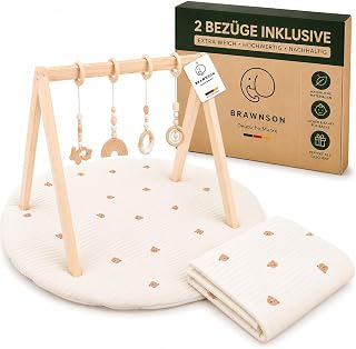 Premium Baby Spielbogen aus Holz mit Wechselbezug - extra dicke waschbare Krabbeldecke 95cm - Montessori Baby Gym für Neugeborene
