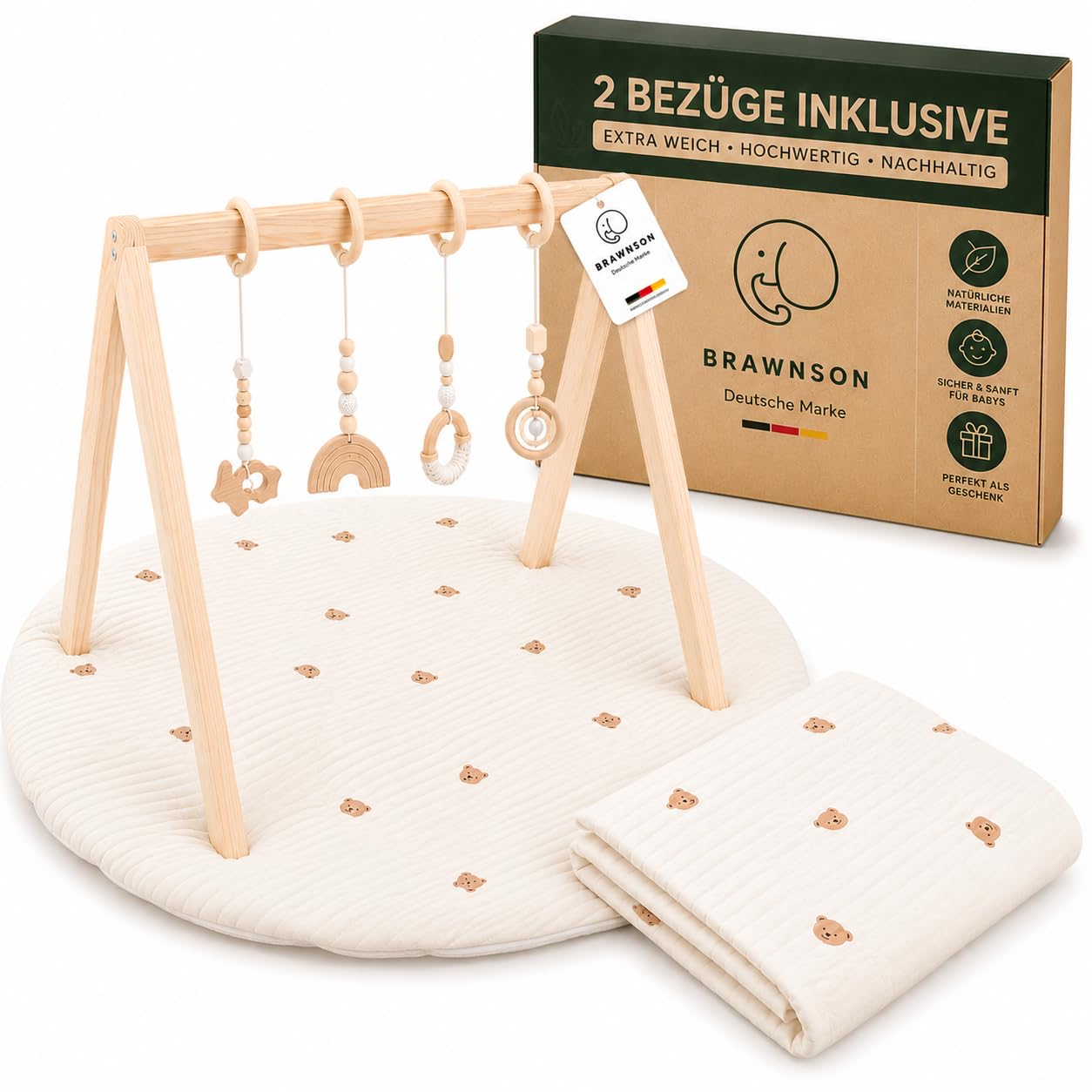 Baby Spielbogen Holz mit Krabbelmatte und zusätzlichem Bezug – Montessori Babygym aus Naturholz, extra dicke waschbare Krabbelmatte für Neugeborene ab 0 Monaten