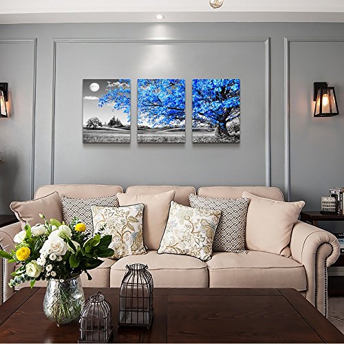 Image of TTHWALLART Wall Art For Living Room black and white Blue tree moon Canvas Wall Decor for Home artwork huge Painting 16 inch x 24 inch 3 Pieces Canvas Print For bedroom Decor Modern Salon kitchen office Hang