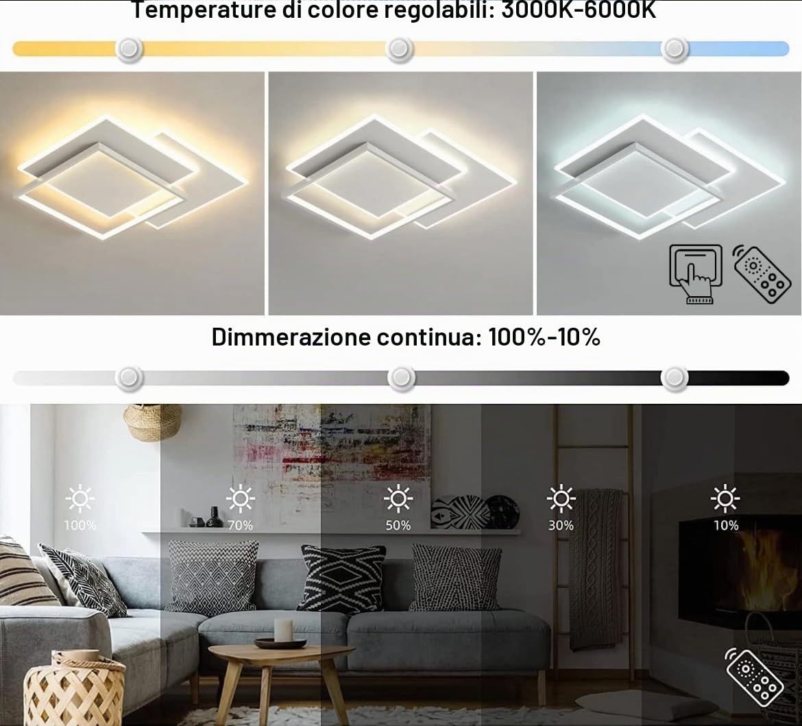 Plafoniera LED Moderna 64W con Telecomando + App Bluetooth, Dimmerabile CCT 3000K-6500K, Design a 3 Quadrati Bianchi, 5888 Lumen 47×47cm per Soggiorno Camera Ufficio, Installazione Facile e Accessori
