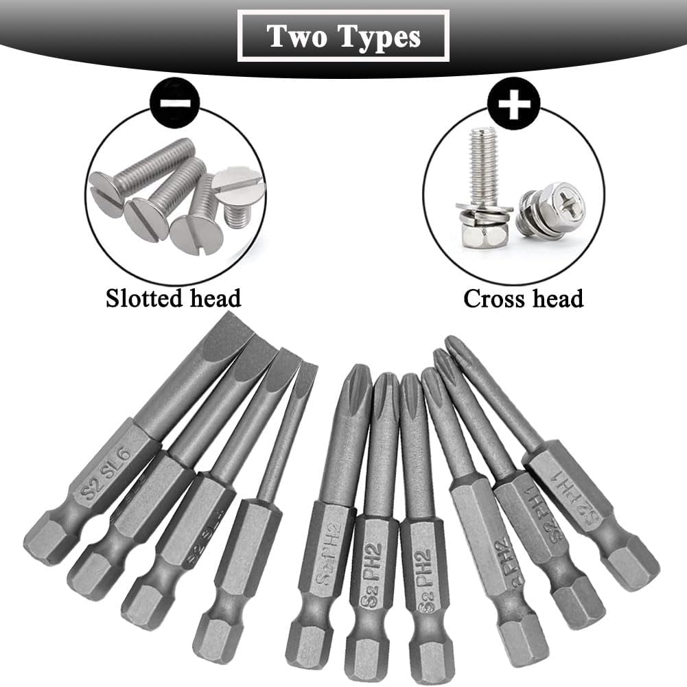 10Pcs 50mm Magnetic Screwdriver Bit Sets Phillips and Slotted Screwdriver Bit 1/4 Inch Hex Shank Drill Bit S2 Steel