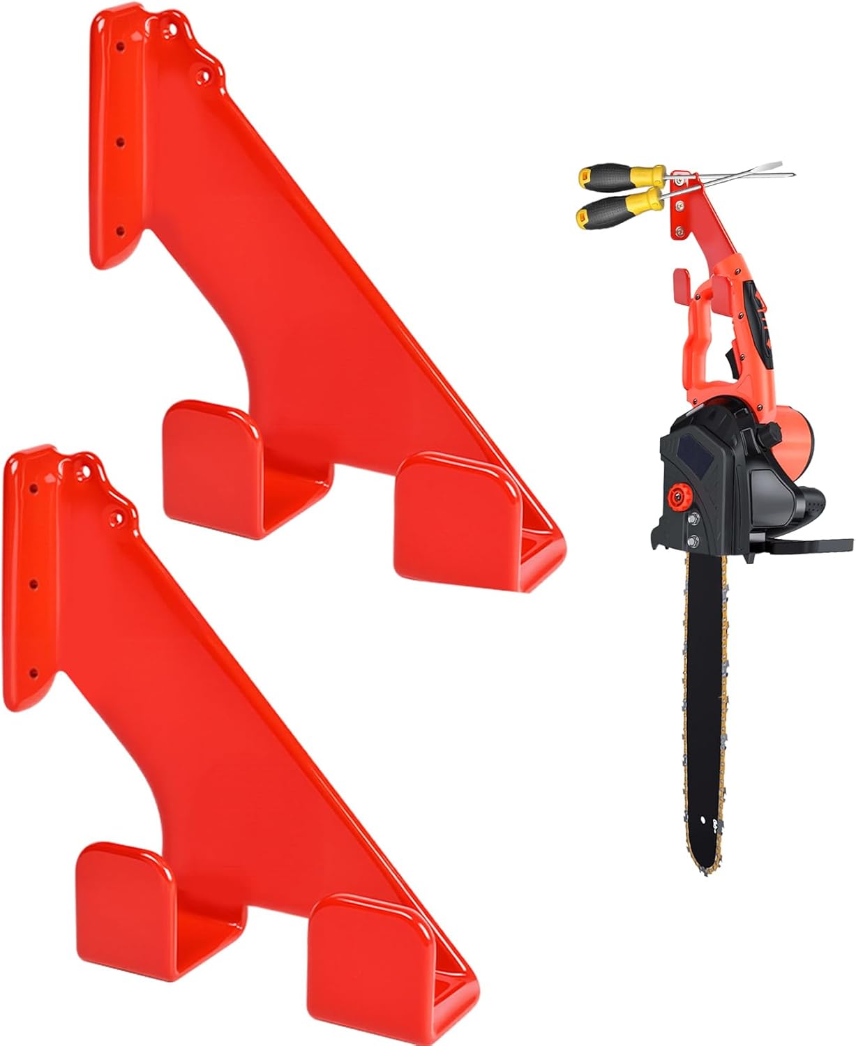 Chainsaw Holder Wall Mount Chainsaw Hanger, Heavy Duty Chainsaw Rack Storage Hook for Garage Organizer, Durable Chainsaw Accessories and Tools for Shed Garage Organization (2 Pack, Red)