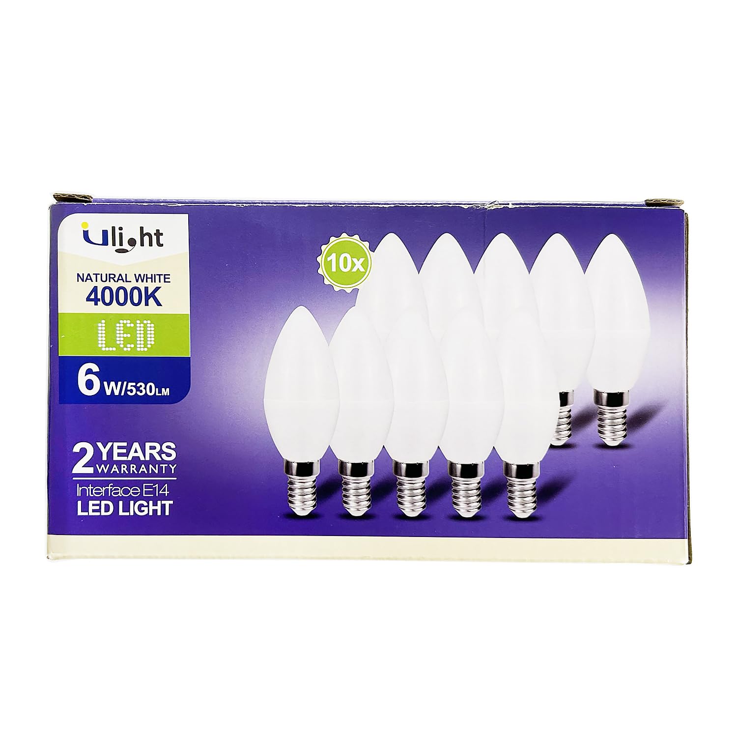 ULIGHT Lampadina LED E14 Oliva, 6W Equivalente a Incandescente da 50W, Luce Bianca Naturale 4000K, 530 Lumen, 220V-240V Non Dimmerabile, Fascio Luce 210°, Confezione da 10 Pezzi