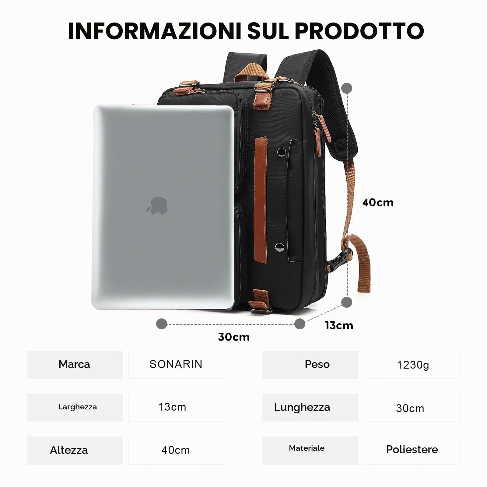 SONARIN Zaino Porta PC,Convertibile Zaino Lavoro Borsa a Tracolla Valigetta Impermeabile Zainetti per Laptop 15,6 Pollici Zaino da Viaggio Borsa Casual per Uomo Donna(Nero)