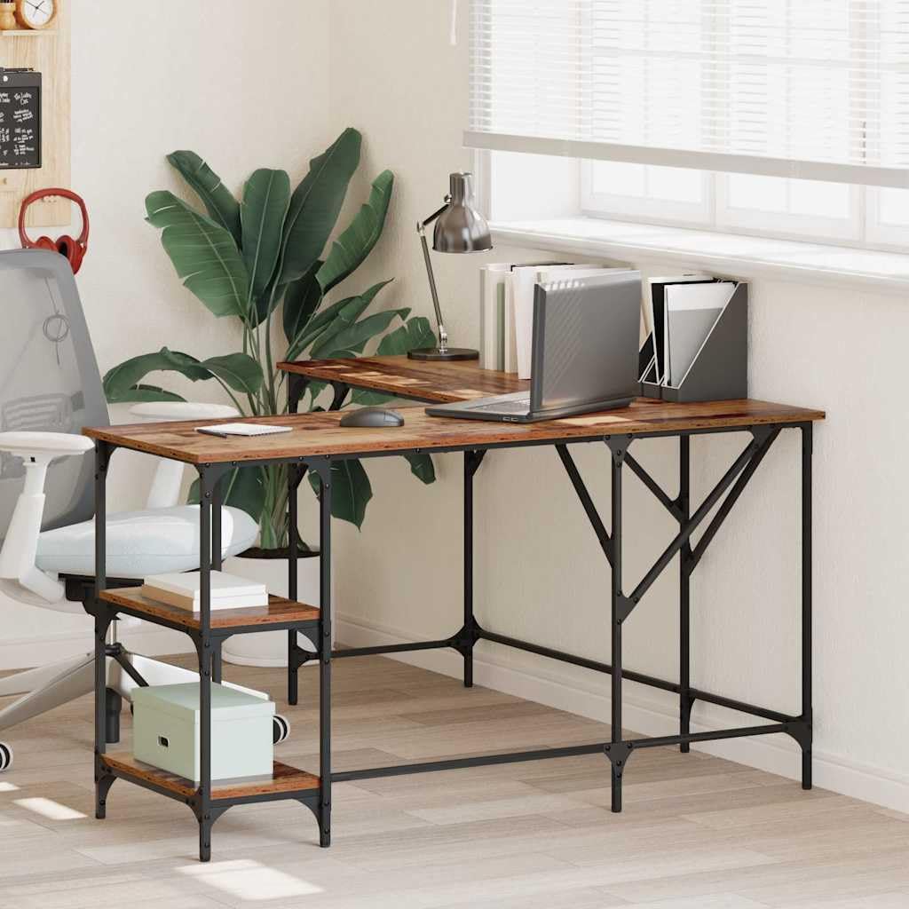 Escritorio de madera recuperada en forma de L, 139 x 139 x 75 cm, madera con patas de acero, altura regulable, con estante y cajón, espacio de trabajo ergonómico para oficina, oficina en casa