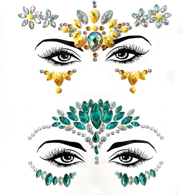 ZHIYE Face Gems, 2 Pcs Women Crystal Face Glitter Rhinestone Bindi Temporary Tattoo Face Eyebrow Body Stickers for Rave Festival Party