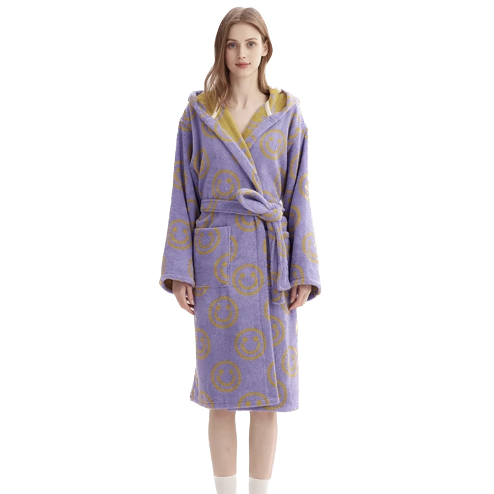 Women Smile Hooded Bathrobe Vintage Face Aesthetic 100 Cotton Robe Thick Soft Terry Ultra Absorbent Spa Bath Robe
