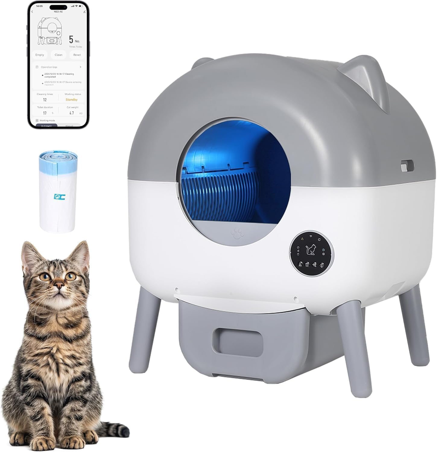 Lettiera Autopulente per Gatti 76L - Controllo App, Sensori di Sicurezza, Anti-Odore, LED Notturno, Grandezza Capacità per Più Gatti, Design Chiuso - Inclusa 1 Ricarica Sacchetti - Colore