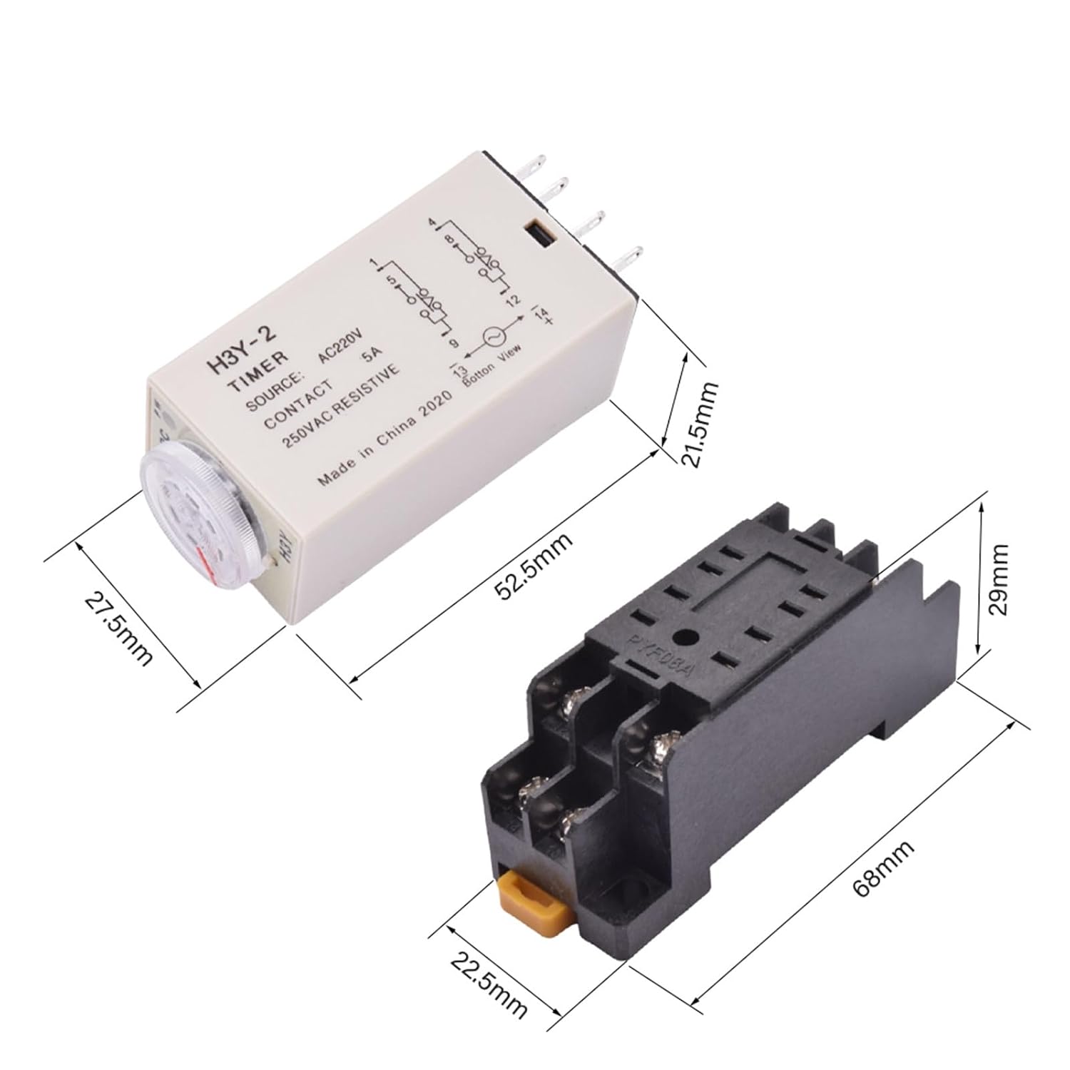 5/10sets H3Y-2 Time Relay AC 220V DC12V 5A Delay Timer Relay 0-30 Second 0-60 Minute 0-60s 0-60min with 8pin Base Socket(12V DC,0-30 Seconds 5 Sets)