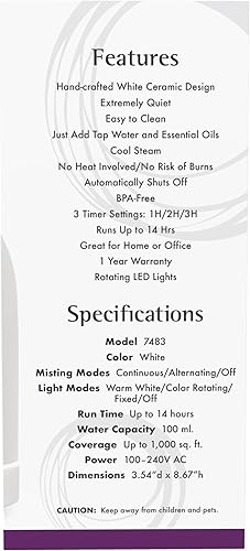 Miniatura 2 de NOW Foods Aceites esenciales, difusor ultrasónico de aceite de piedra de cerámica, extremadamente silencioso, fácil de limpiar