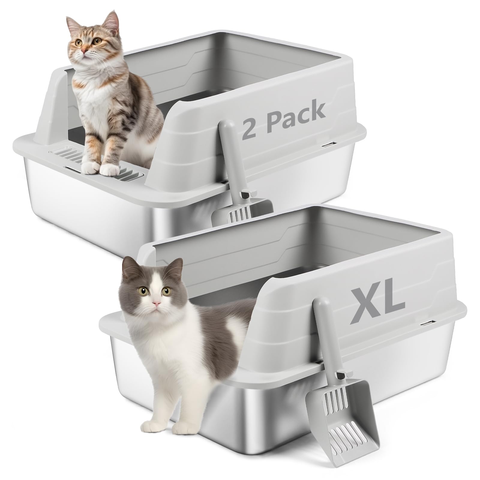 Bartuke 2 Pack Stainless Steel Litter Box, XL 22.9”x15”x 10.3” High Sided Metal Cat Litter Tray with Scoop, Cat Litter Box for Anti-Splash, Odor-Free, Non-Sticky, Easy to Clean (Light Grey) — image 1