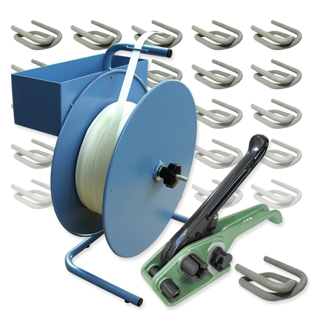 VEMATEC Gewebtes Umreifungsset 25 mm 500 m mit Abrollgerät, Bandspanner, Umreifungsband und Klemmen
