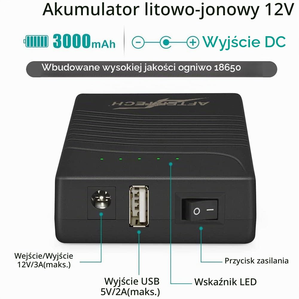 AFTERTECH MINI UPS POWERBANK PAKIET BATERII LITOWY LI-ION 12 V 3000 mAh 36wh + wyjście USB D4E2